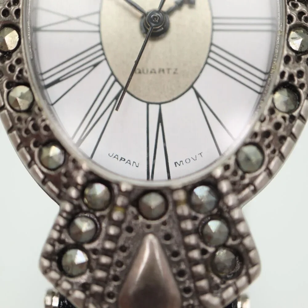 Cardini Marcasite Watch Women 24mm Silver Tone Roman Black Leather w New Battery